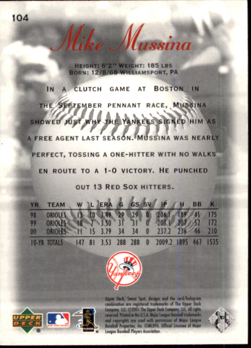 2001 Sweet Spot #104 Mike Mussina back image