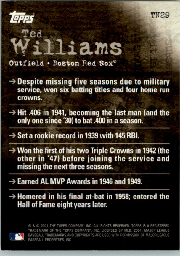2001 Topps Noteworthy #TN29 Ted Williams back image