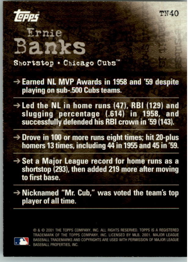 2001 Topps Noteworthy #TN40 Ernie Banks back image