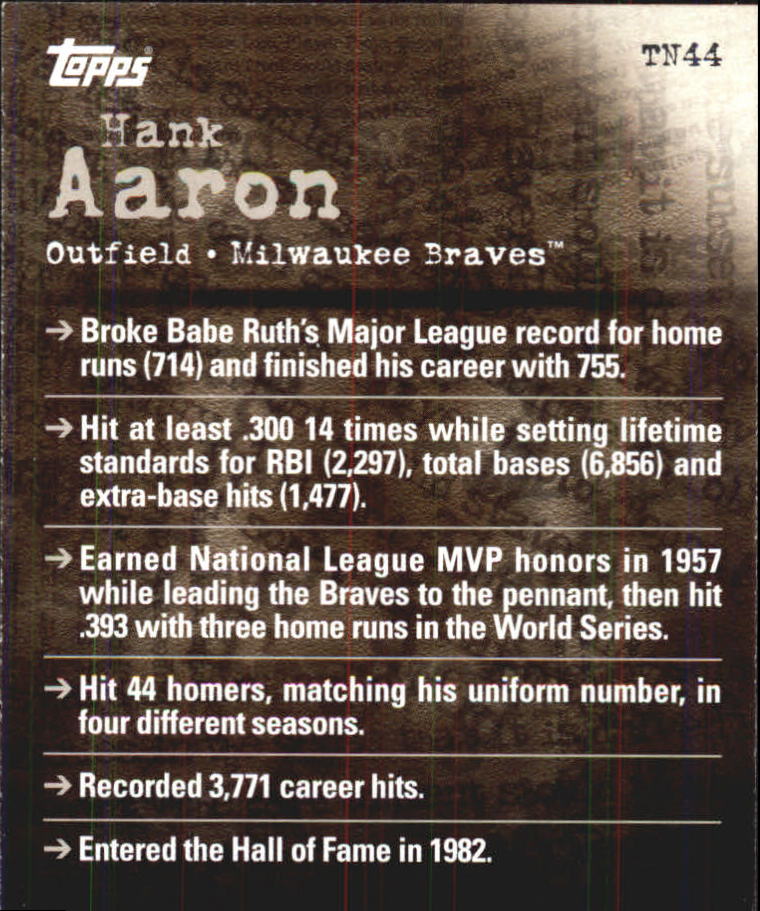 2001 Topps Noteworthy #TN44 Hank Aaron back image