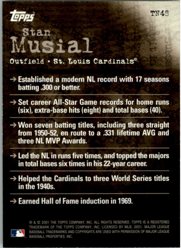 2001 Topps Noteworthy #TN48 Stan Musial back image