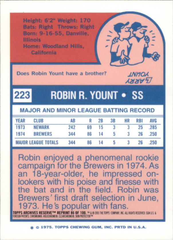 2001 Topps Archives Reserve #86 Robin Yount 75 back image
