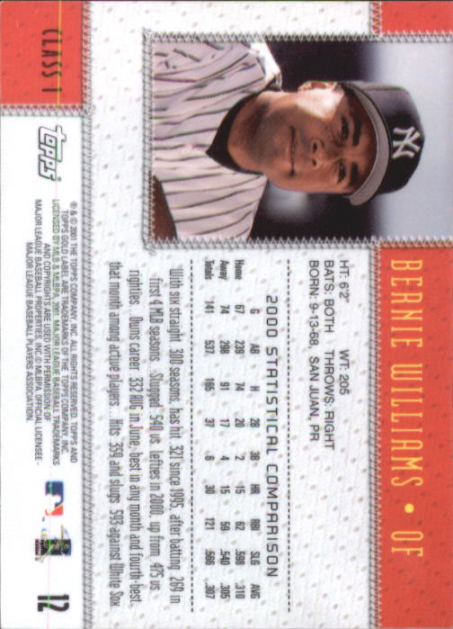 2001 Topps Gold Label Class 1 #12 Bernie Williams back image