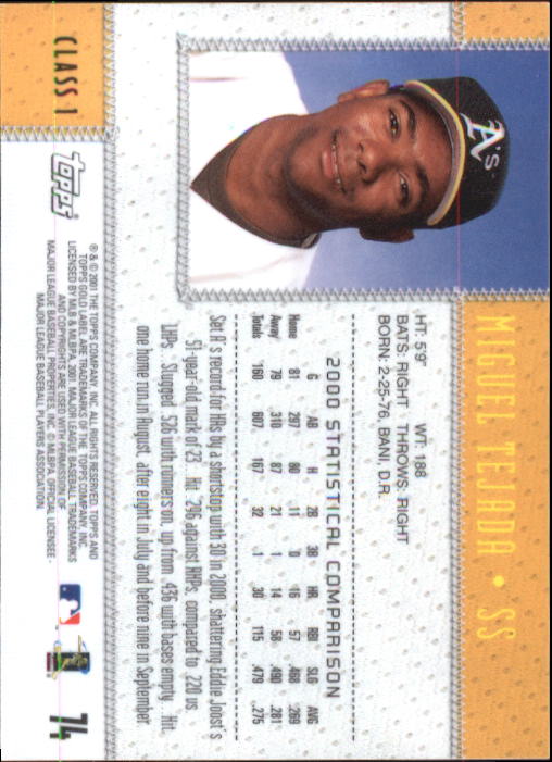 2001 Topps Gold Label Class 1 #74 Miguel Tejada back image