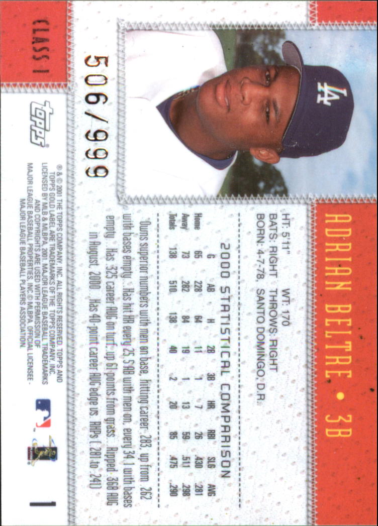 2001 Topps Gold Label Class 1 Gold #1 Adrian Beltre back image