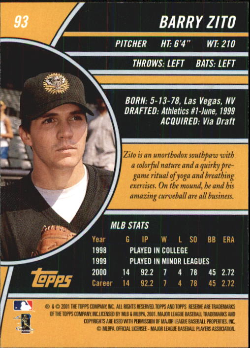 2001 Topps Reserve #93 Barry Zito back image