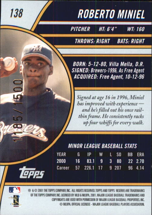 2001 (BREWERS) Topps Reserve #138 Roberto Miniel RC /945