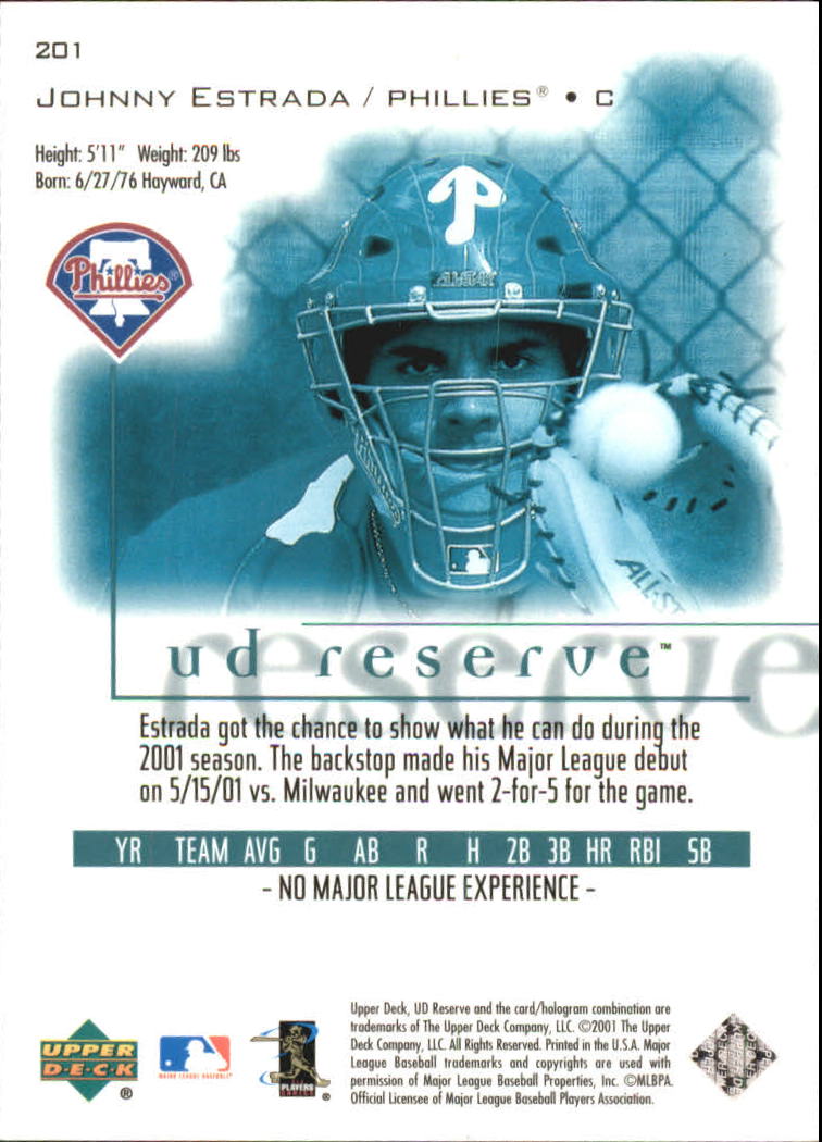 2001 UD Reserve #201 Johnny Estrada SP RC back image