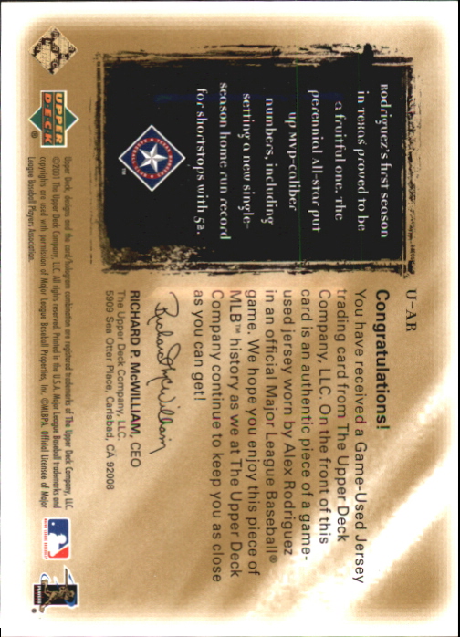 2001 Ultimate Collection Game Jersey Gold #U-AR Alex Rodriguez