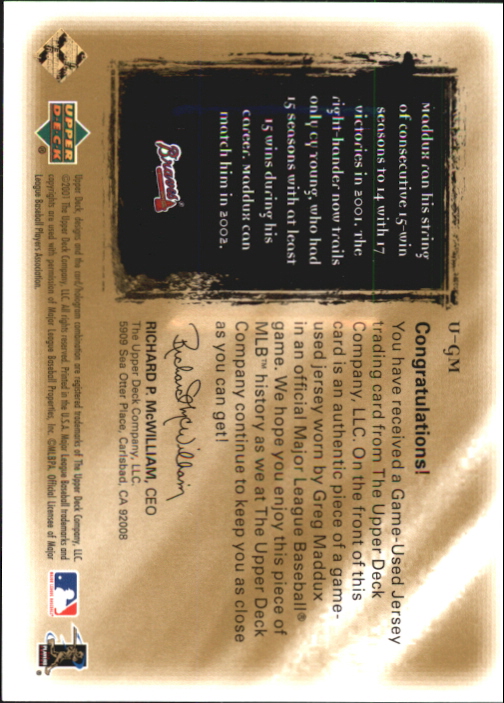 2001 Ultimate Collection Game Jersey Gold #UGM Greg Maddux back image