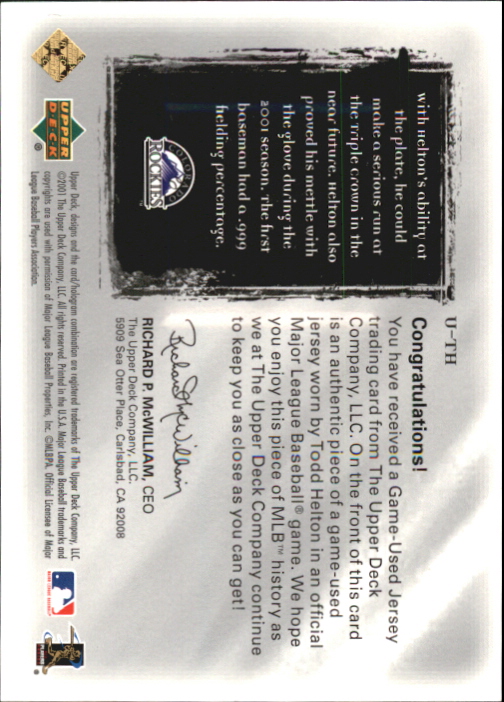 2001 Ultimate Collection Game Jersey Silver #UTH Todd Helton back image