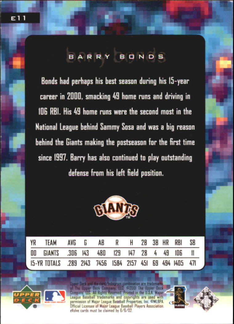 2001 Upper Deck e-Card #E11 Barry Bonds back image