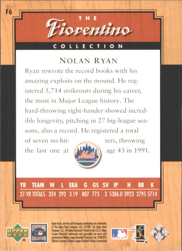 2001 Upper Deck Legends Fiorentino Collection #F6 Nolan Ryan back image