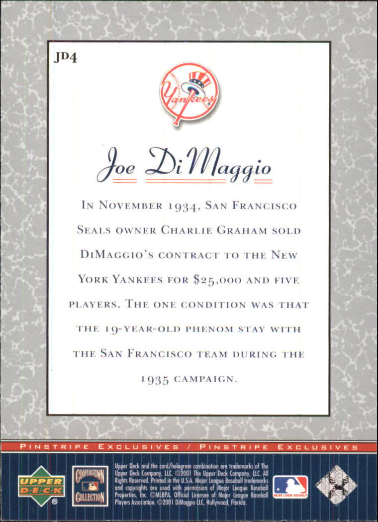 2001 Upper Deck Pinstripe Exclusives DiMaggio #JD4 Joe DiMaggio back image