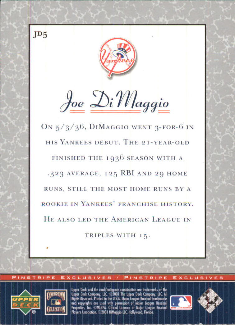 2001 Upper Deck Pinstripe Exclusives DiMaggio #JD5 Joe DiMaggio back image