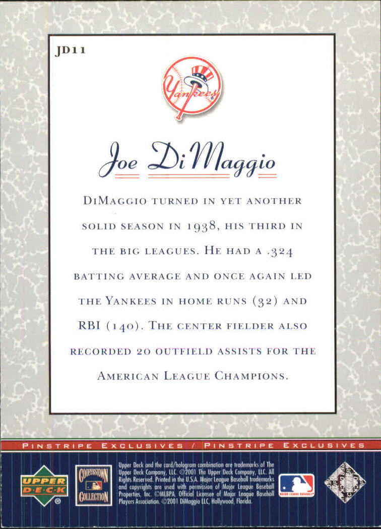 2001 Upper Deck Pinstripe Exclusives DiMaggio #JD11 Joe DiMaggio back image