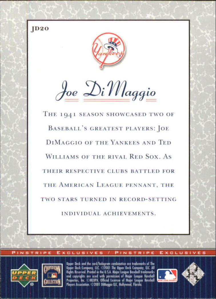 2001 Upper Deck Pinstripe Exclusives DiMaggio #JD20 Joe DiMaggio back image