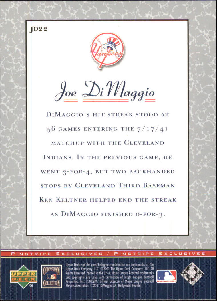 2001 Upper Deck Pinstripe Exclusives DiMaggio #JD22 Joe DiMaggio back image