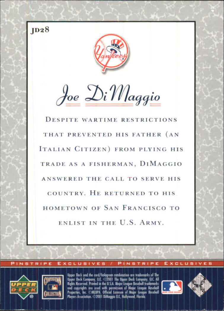2001 Upper Deck Pinstripe Exclusives DiMaggio #JD28 Joe DiMaggio back image