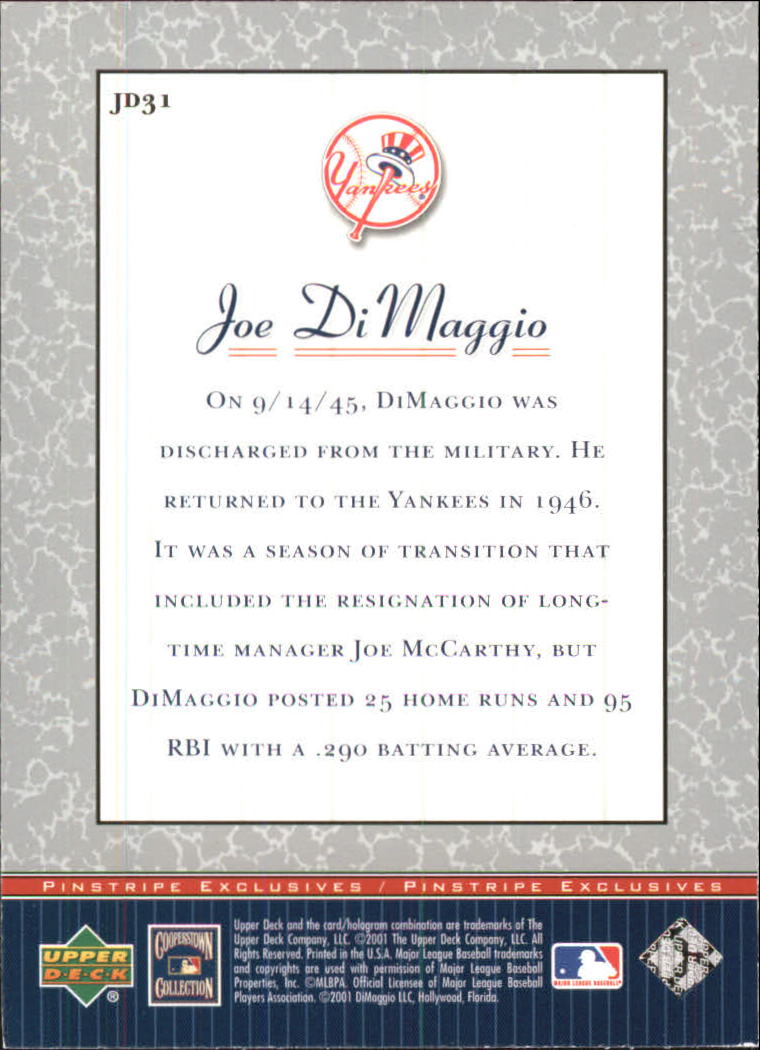 2001 Upper Deck Pinstripe Exclusives DiMaggio #JD31 Joe DiMaggio back image