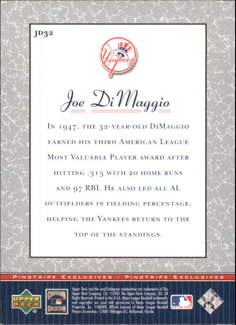 2001 Upper Deck Pinstripe Exclusives DiMaggio #JD32 Joe DiMaggio back image