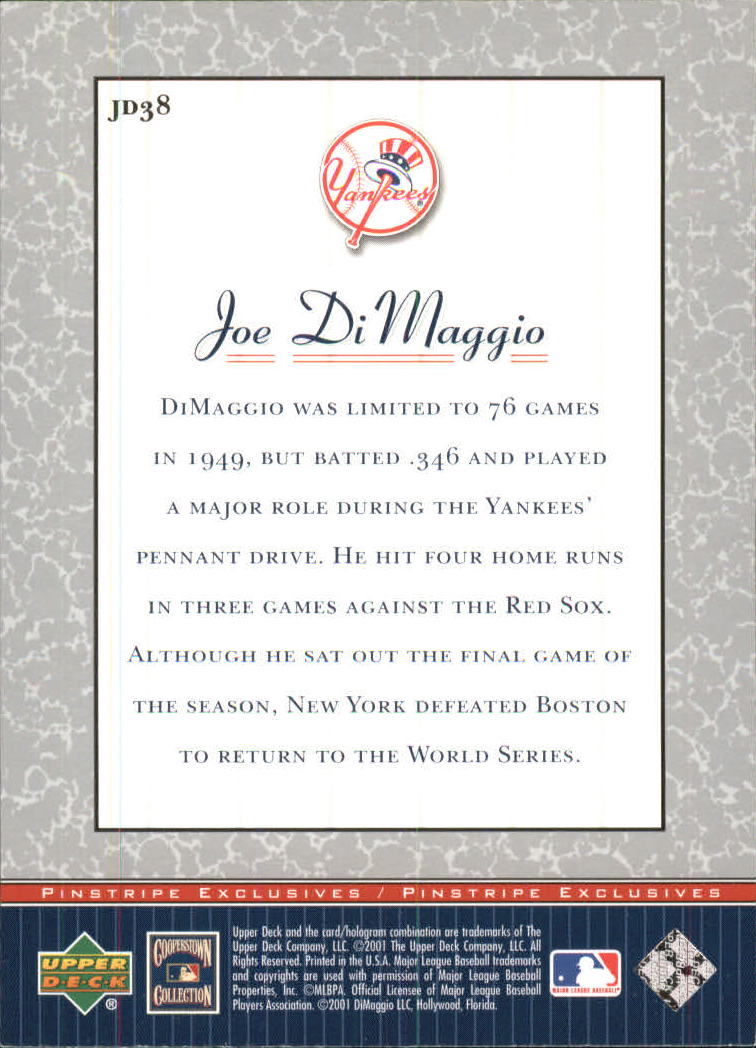 2001 Upper Deck Pinstripe Exclusives DiMaggio #JD38 Joe DiMaggio back image
