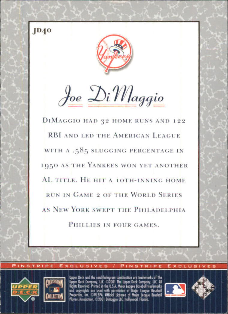 2001 Upper Deck Pinstripe Exclusives DiMaggio #JD40 Joe DiMaggio back image