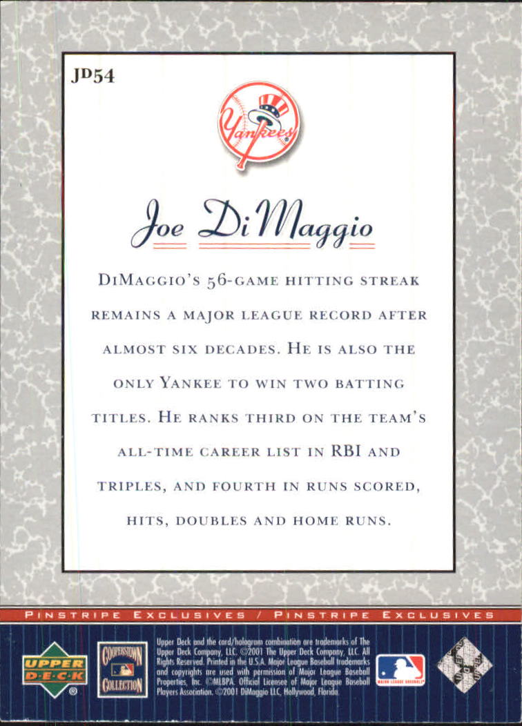 2001 Upper Deck Pinstripe Exclusives DiMaggio #JD54 Joe DiMaggio back image
