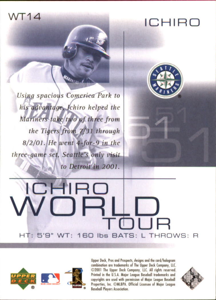 2001 Upper Deck Pros and Prospects Ichiro World Tour #WT14 Ichiro Comerica Park back image