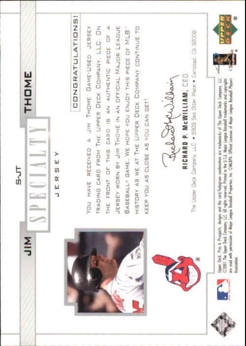 2001 Upper Deck Pros and Prospects Specialty Game Jersey #SJT Jim Thome back image