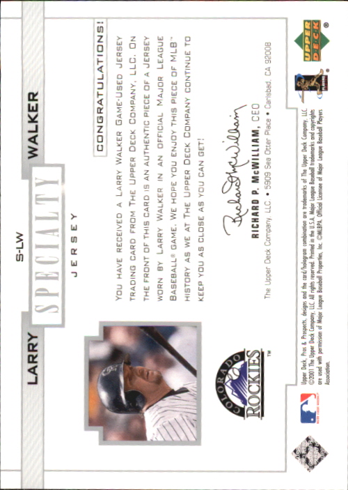 2001 Upper Deck Pros and Prospects Specialty Game Jersey #SLW Larry Walker back image