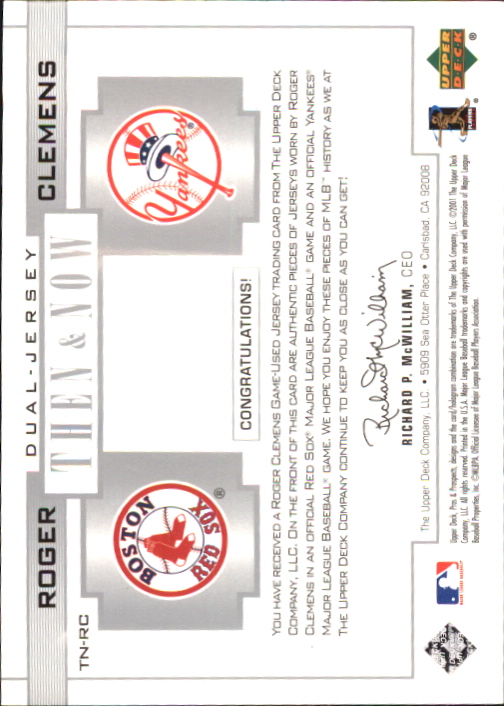 2001 Upper Deck Pros and Prospects Then and Now Game Jersey #TNRC Roger Clemens back image