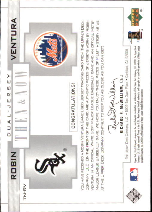 2001 Upper Deck Pros and Prospects Then and Now Game Jersey #TNRV Robin Ventura back image