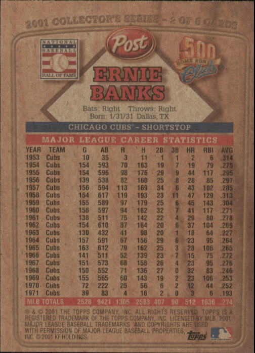 2001 Post 500 Club #2 Ernie Banks back image
