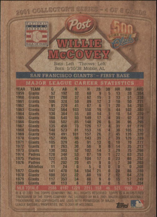 2001 Post 500 Club #4 Willie McCovey back image
