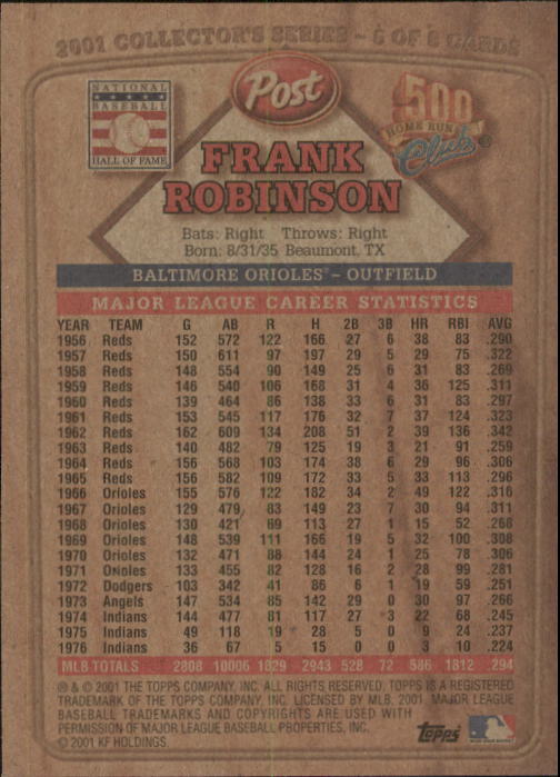 2001 Post 500 Club #5 Frank Robinson back image