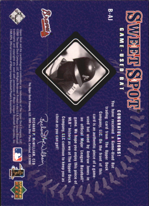 2001 Sweet Spot Game Bat #BAJ Andruw Jones back image