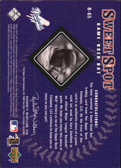 2001 Sweet Spot Game Bat #BGS Gary Sheffield back image