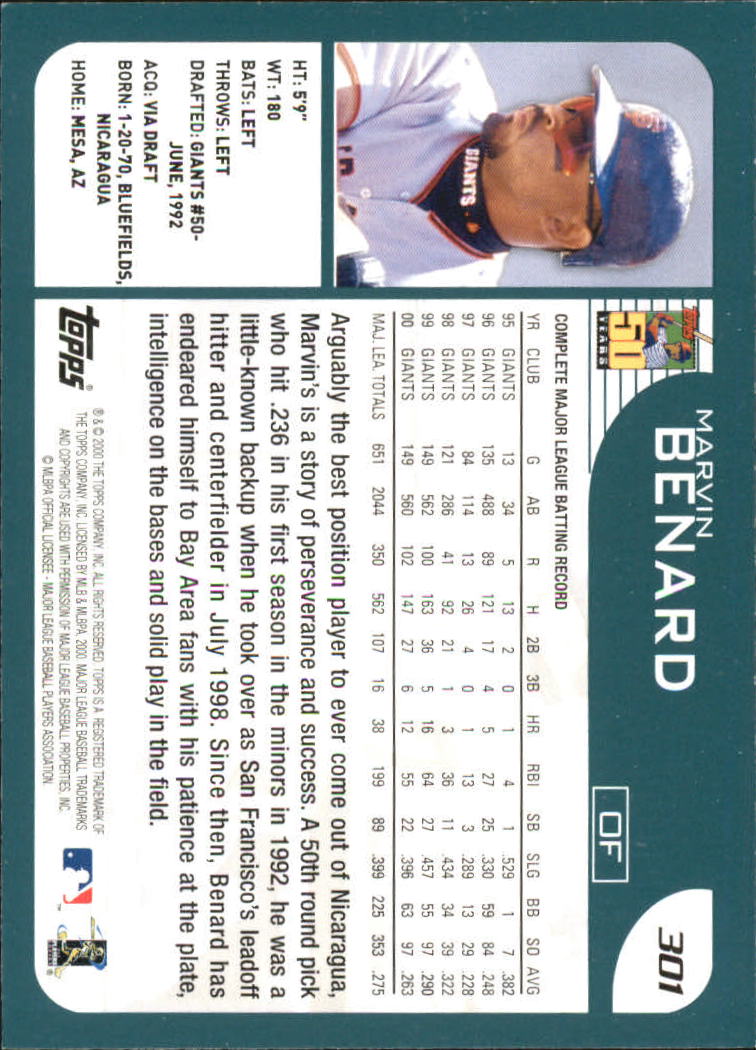 2001 Topps #301 Marvin Benard back image