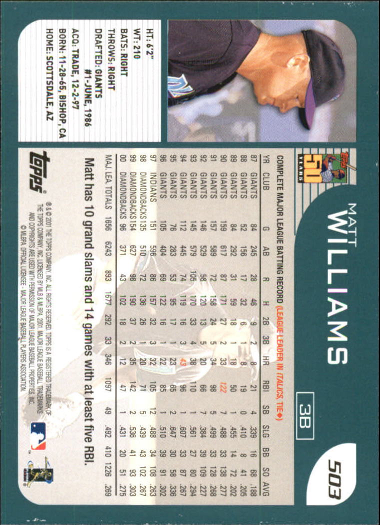 2001 Topps #503 Matt Williams back image