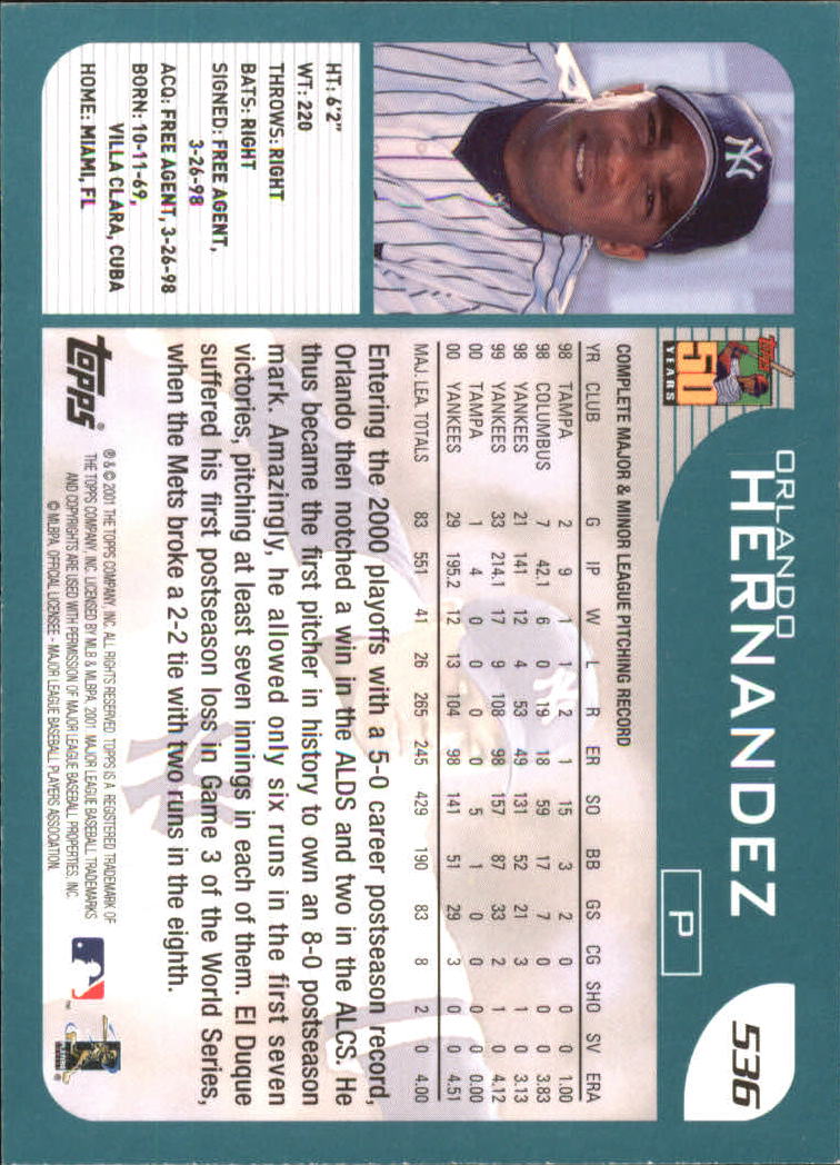 2001 Topps #536 Orlando Hernandez back image