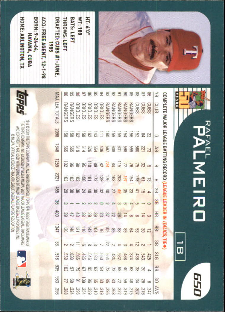 2001 Topps #650 Rafael Palmeiro back image