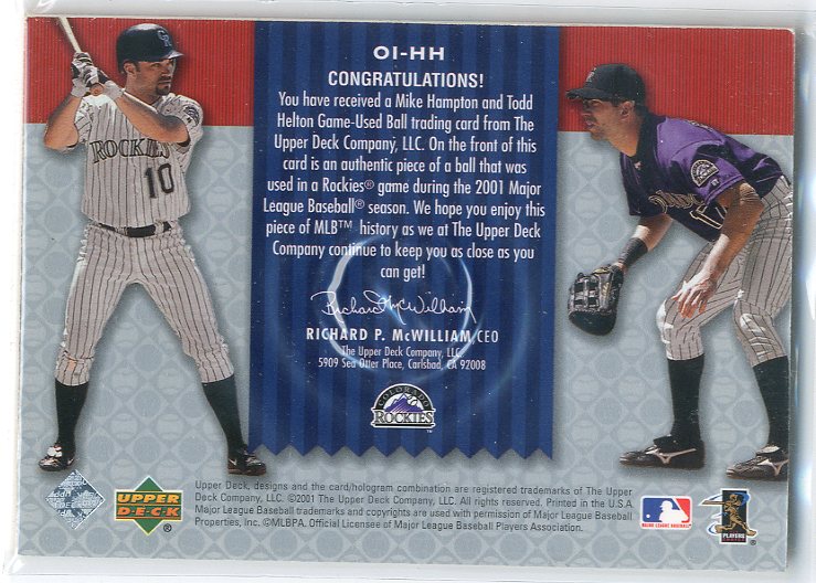 2001 Upper Deck Gold Glove Official Issue Game Ball #OIHH Mike Hampton/Todd Helton back image