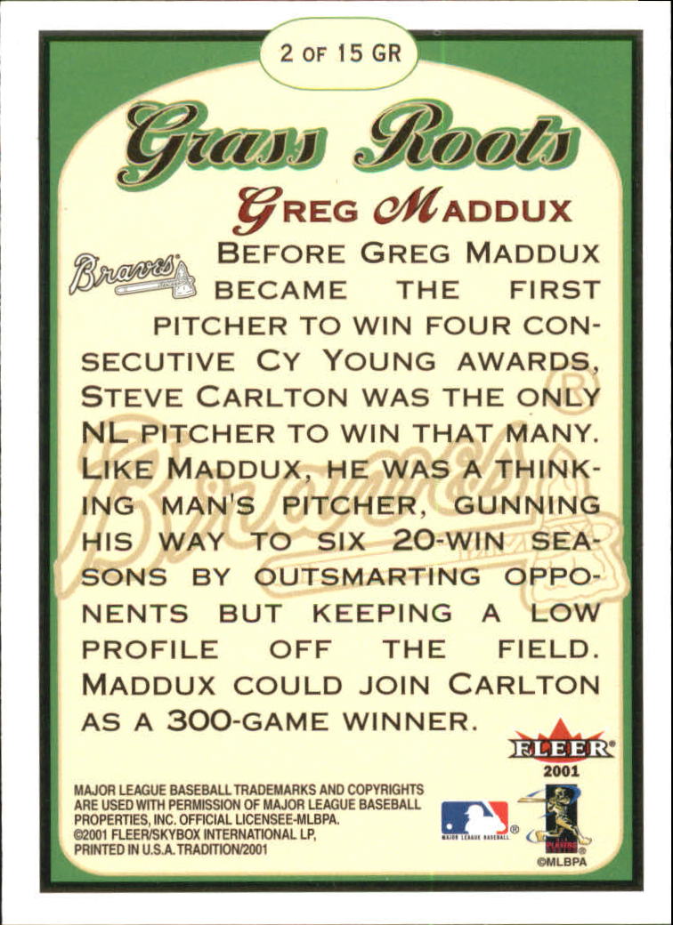 2001 Fleer Tradition Grass Roots #GR2 Greg Maddux back image