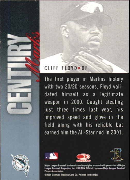 2001 Donruss Signature Century Marks Masters Series #15 Cliff Floyd back image