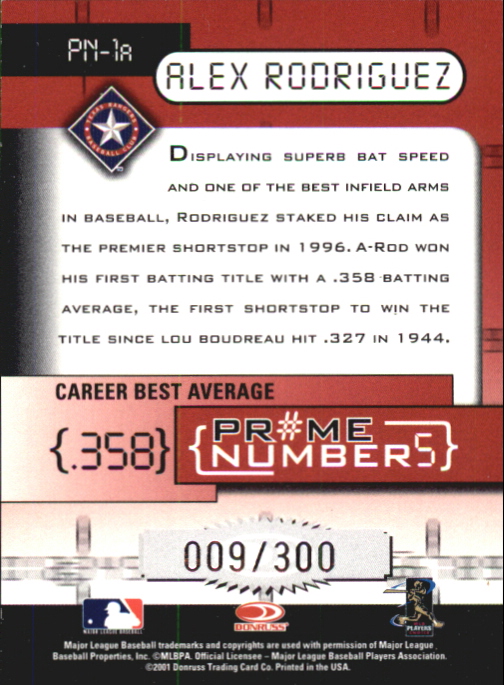 2001 Donruss Elite Prime Numbers #PN-1A Alex Rodriguez/300