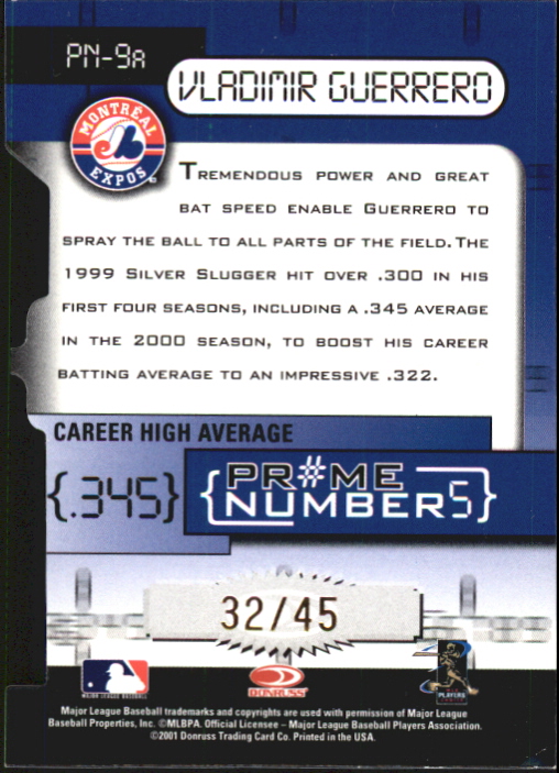 2001 Donruss Elite Prime Numbers Die Cuts #PN9A Vladimir Guerrero/45 back image