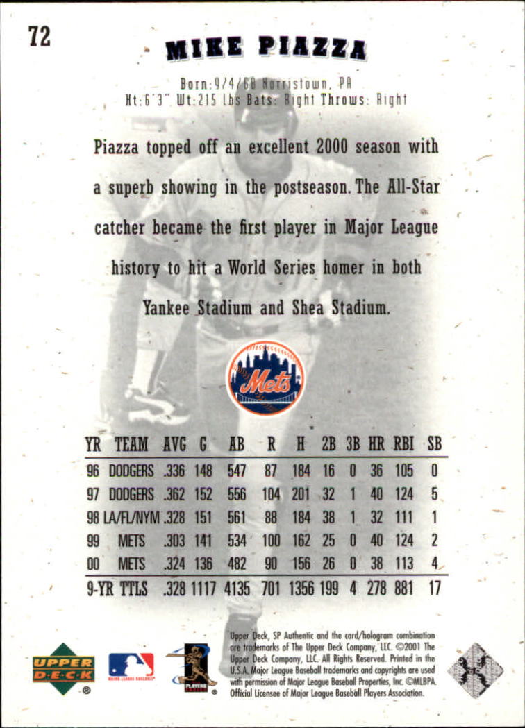 2001 SP Authentic #72 Mike Piazza back image