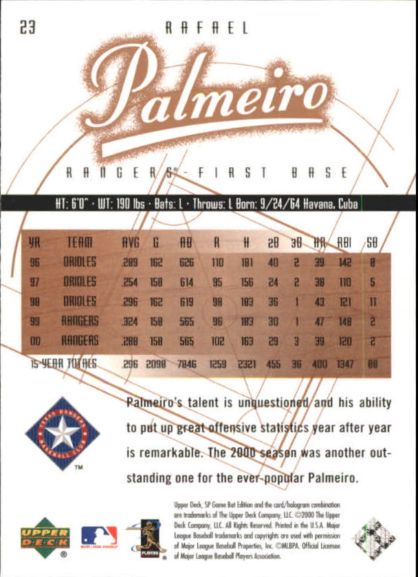 2001 SP Game Bat Edition #23 Rafael Palmeiro back image