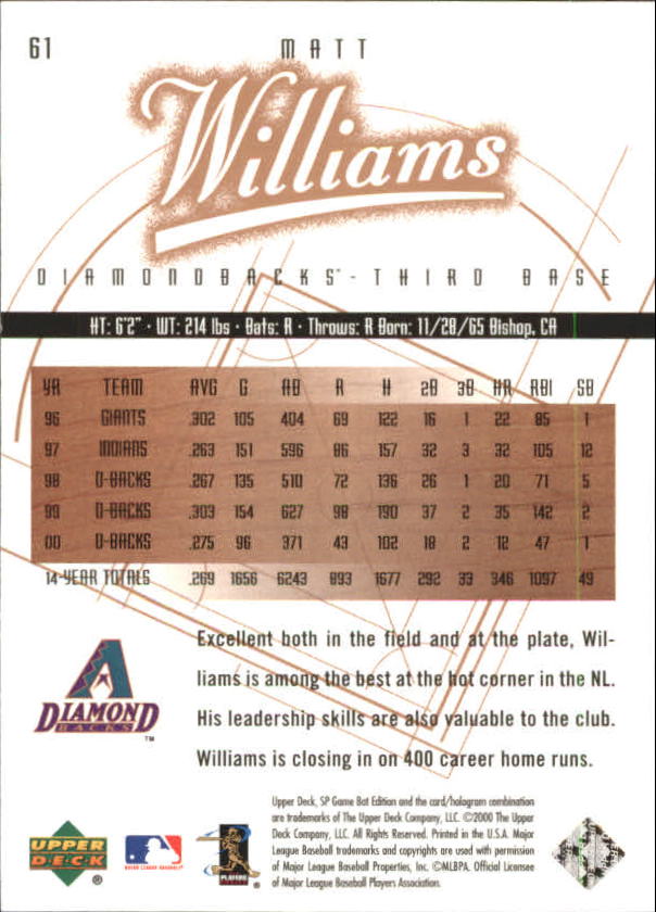 2001 SP Game Bat Edition #61 Matt Williams back image